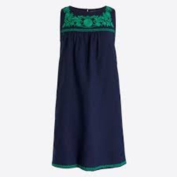 New J Crew XS Navy Blue Green Embroidered Linen Cotton Shift Dress Sleeveless - Picture 10 of 10